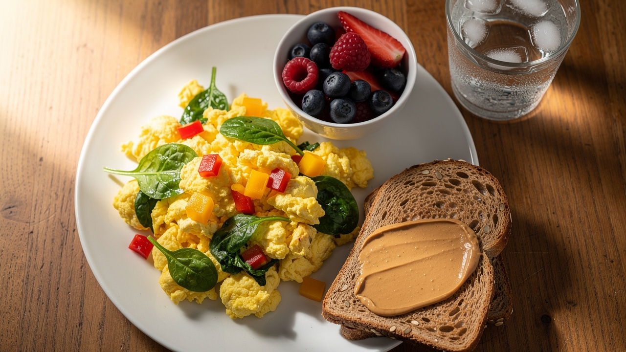 Balanced breakfast plate with eggs vegetables berries and toast