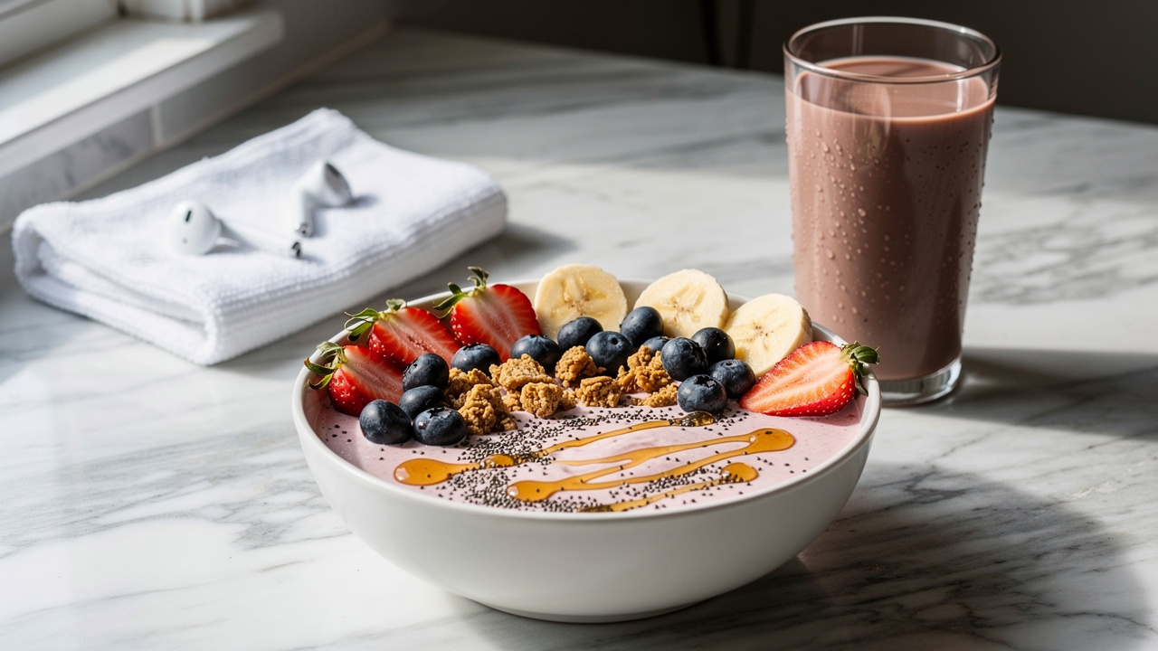 Post-workout smoothie bowl and chocolate milk on counter