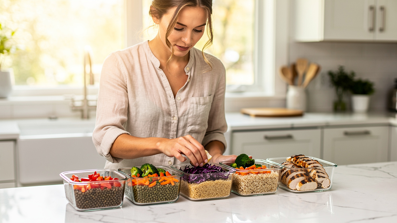 Woman preparing healthy weekly meals in a bright kitchen