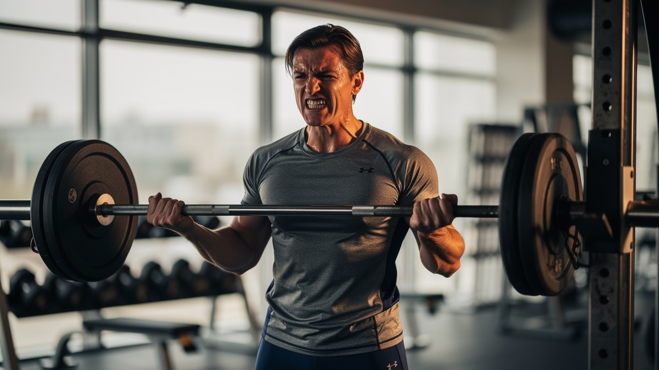 Determined athlete pushing through fitness plateau in gym